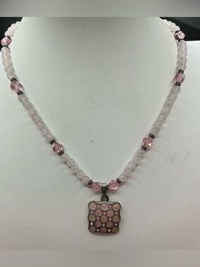 PINK CRYSTAL BEADED NECKLACE SILVER TONE GEOMETRIC RHINESTONE ENAMEL PENDANT
